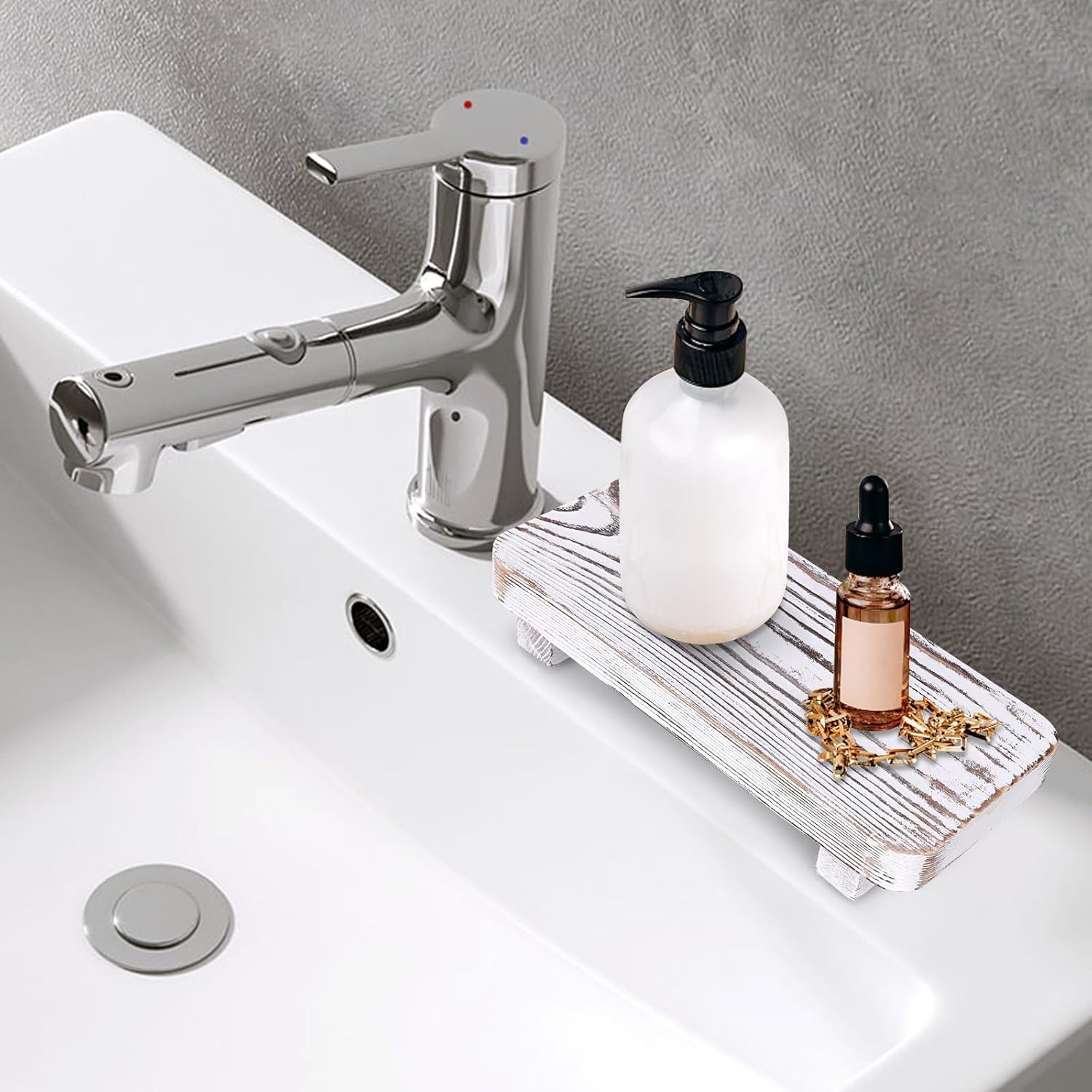 GT WCS001Bathroom Counter Organizer Wooden Pedestal Stand White for Sink Decor Organization