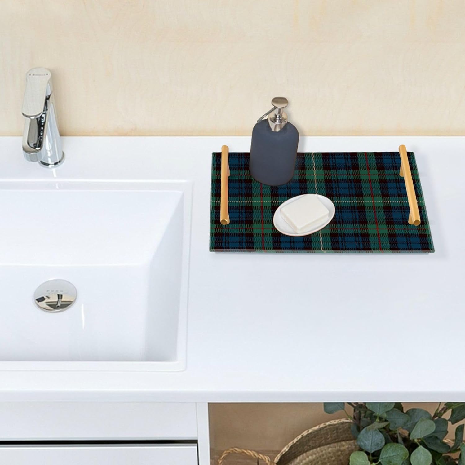 Pigsaly Blue Black Green Plaid Bathroom Sink Vanity Organizer Tray with Gold Handles Red Gold Tartan