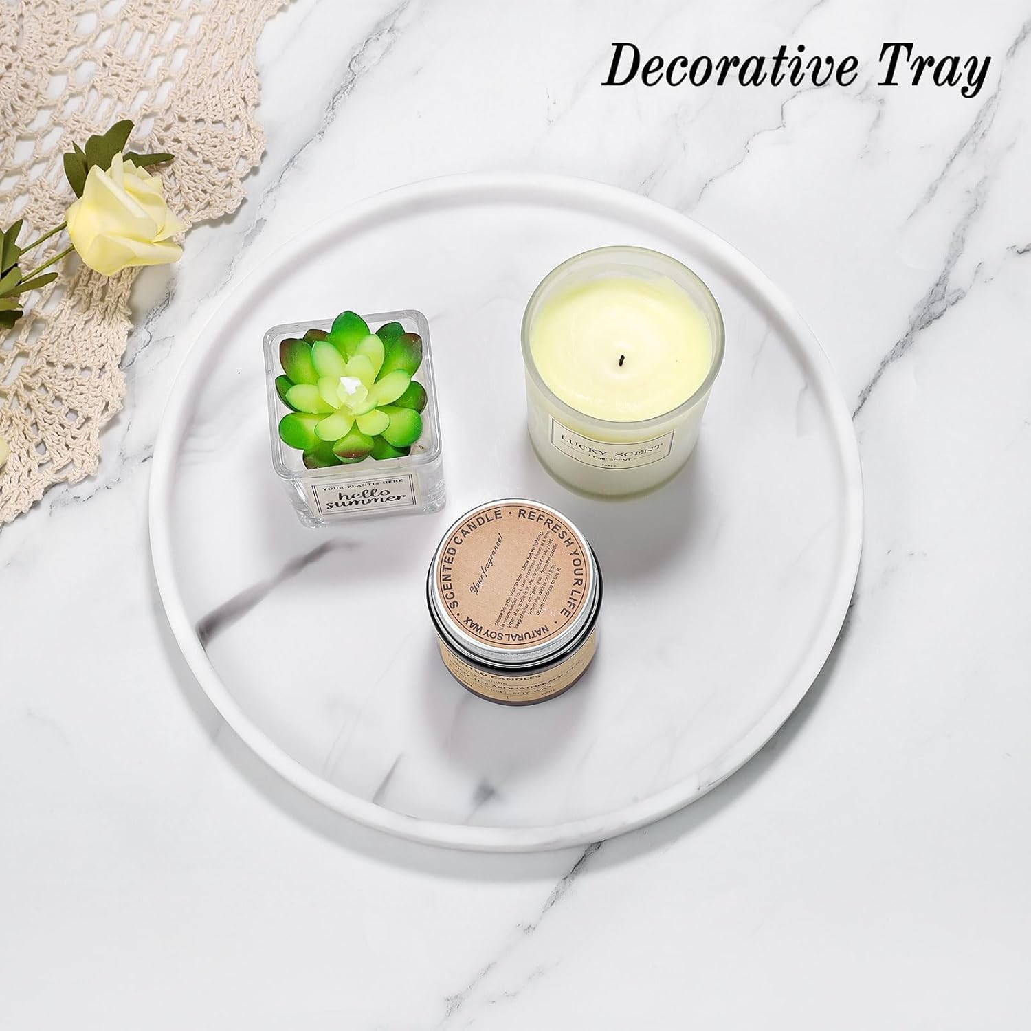 Luxspire Round Vanity Tray - Marble texture waterproof multi-functional elegant home decor