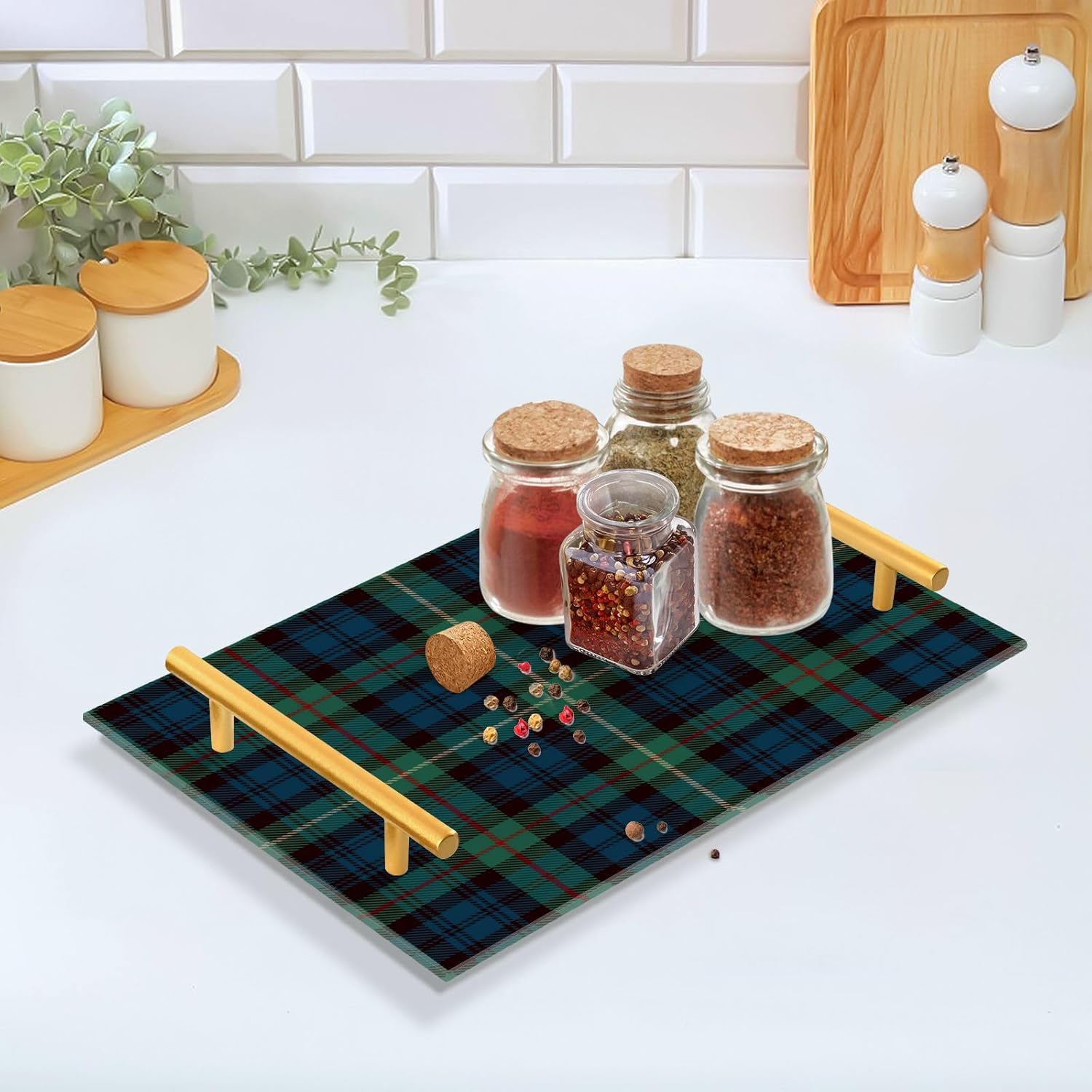 Pigsaly Blue Black Green Plaid Bathroom Sink Vanity Organizer Tray with Gold Handles Red Gold Tartan