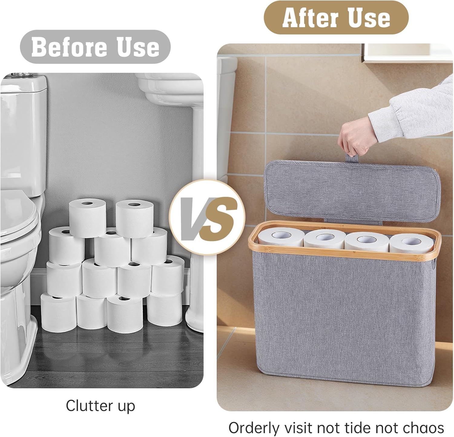 Oneearf Ultimate Bathroom Holder - Large Capacity Bamboo Oxford Storage Basket for 12 Roll Toilet Paper