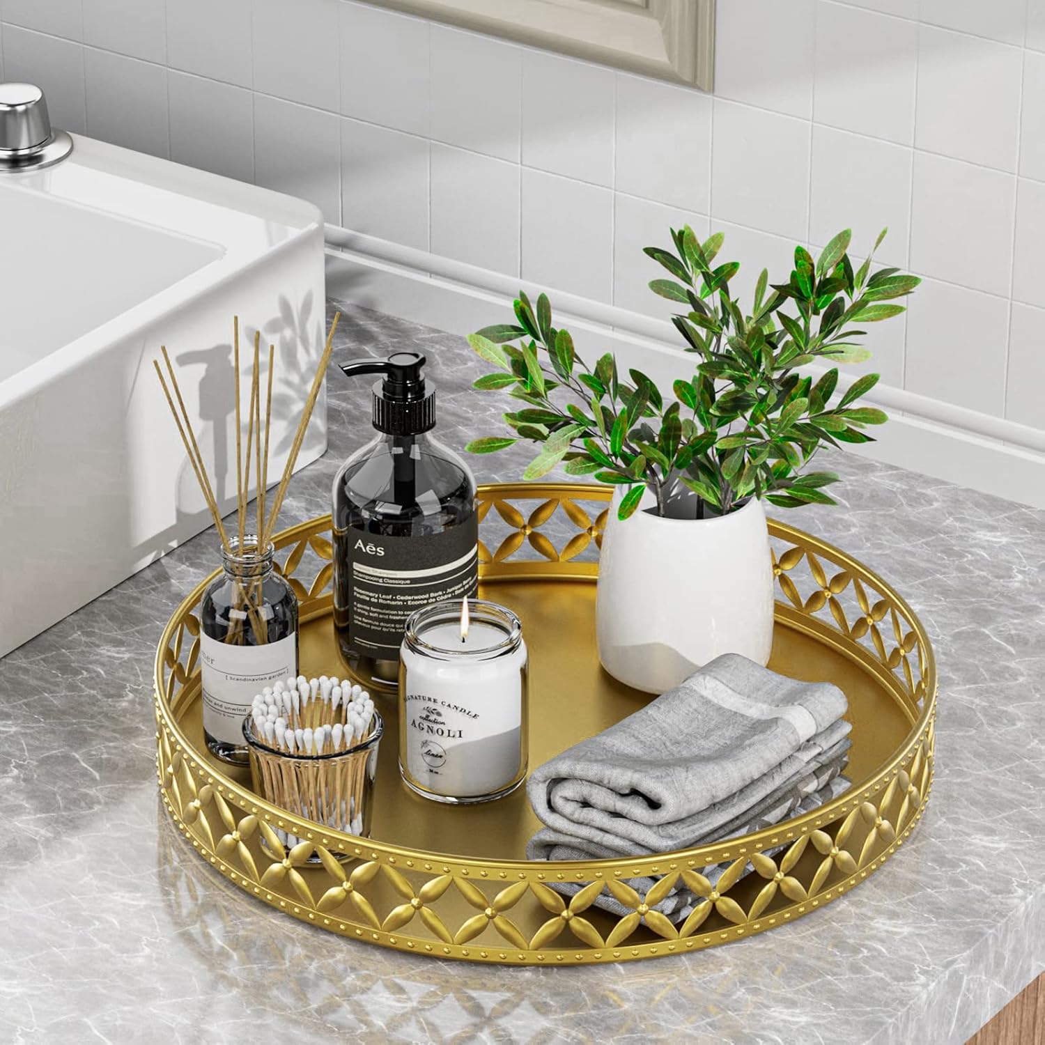 EKNITEY 11 Gold Flower bathroom Vanity Trays - Space-Saving Counter Organizer for Towels Cosmetics More