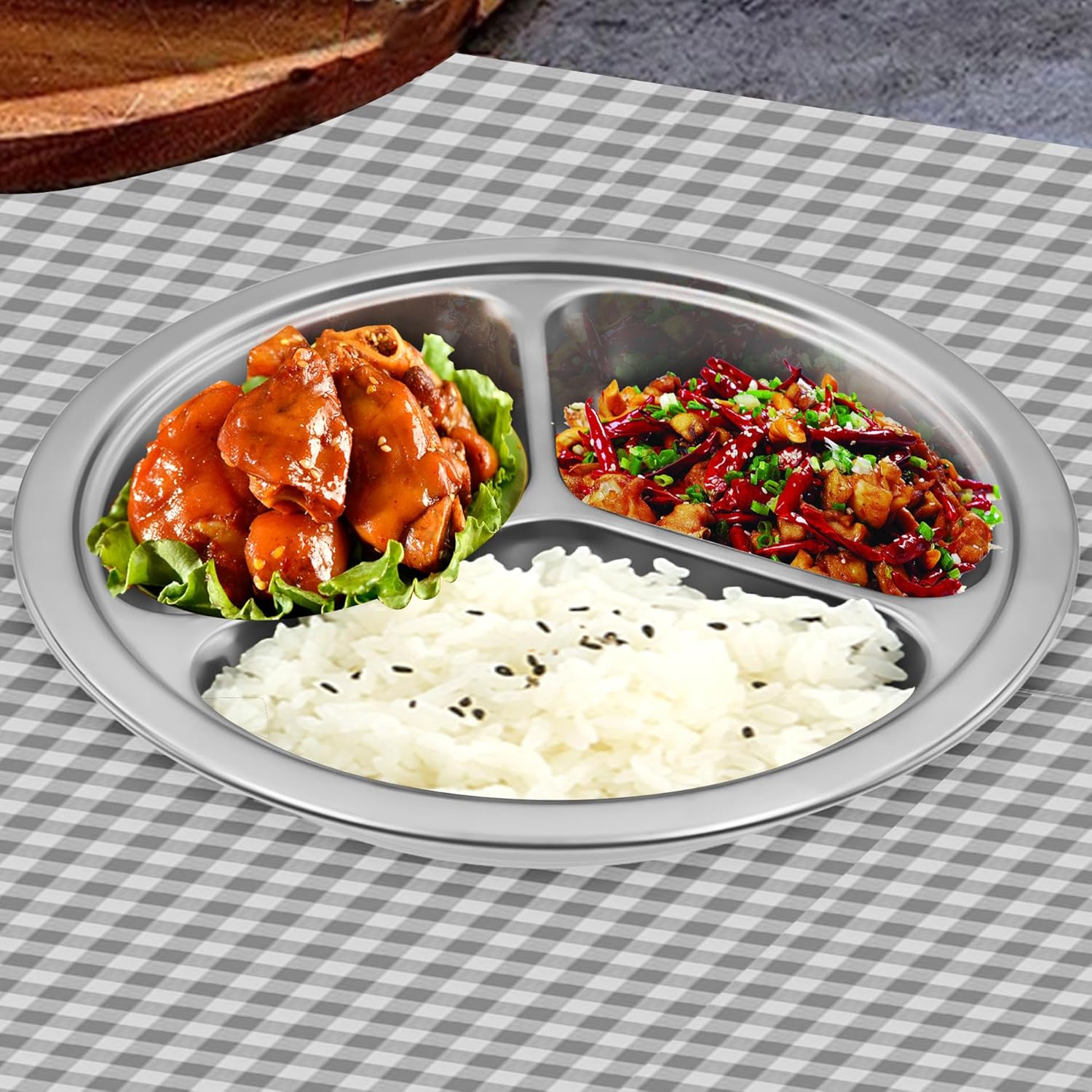 Round Divided Plate for Adults Camping BBQ and Durable 304 Steel Dinner Trays