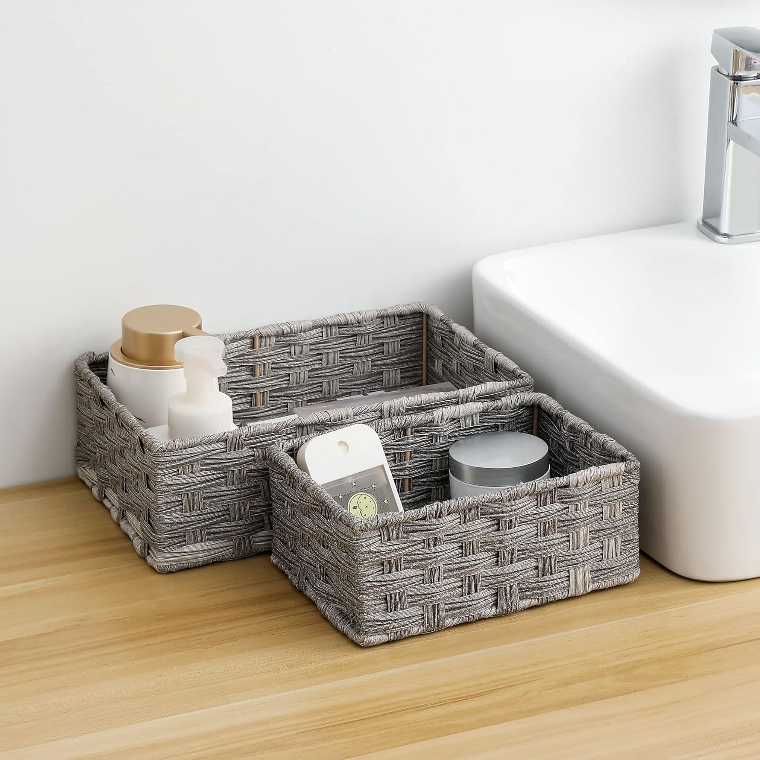 Woven Plastic Tank Cubby Organizing Basket for Bathroom More Durable Waterproof for Toiletries Small Items