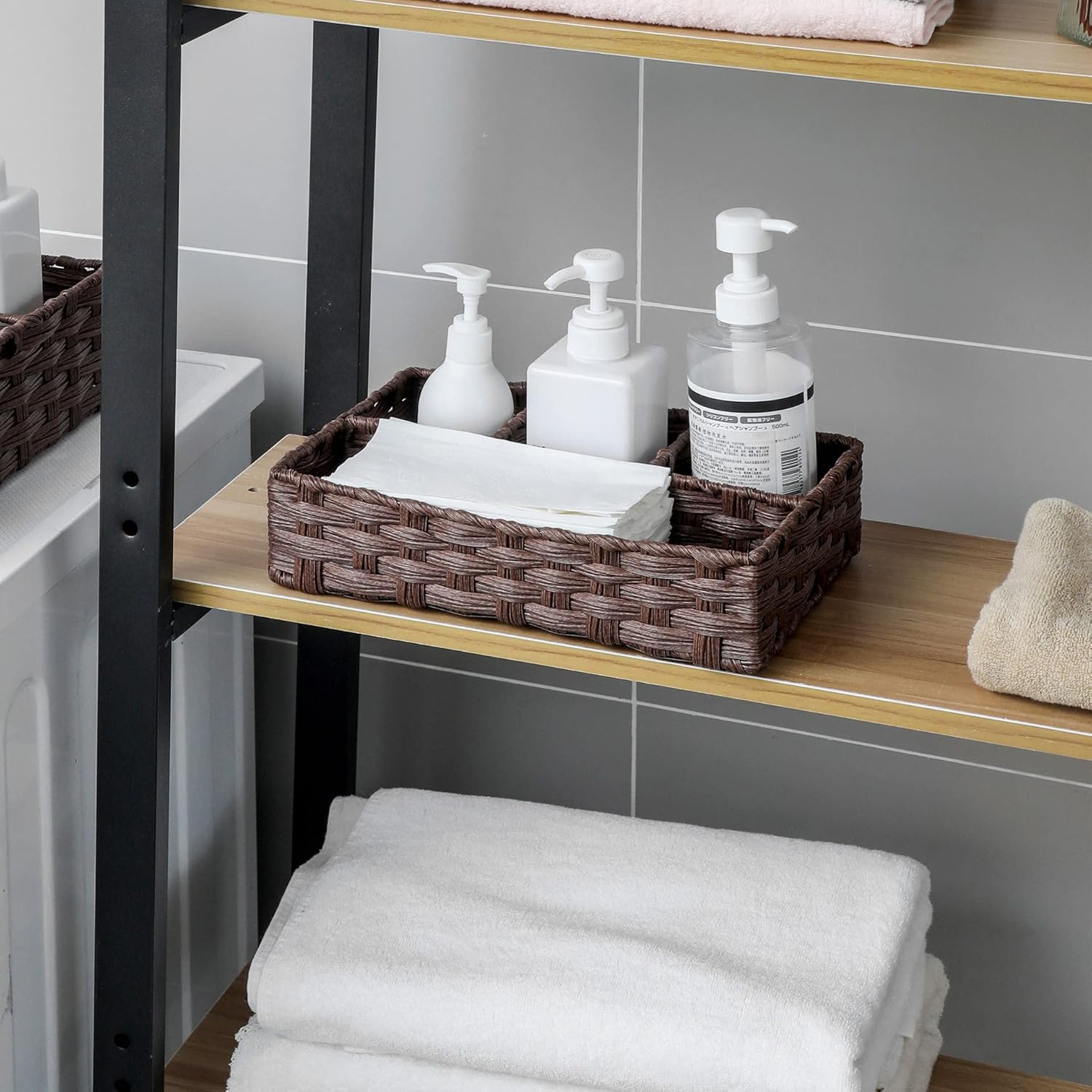 AMTOTAM Multi-Use Hand Woven Plastic Wicker Basket for Bathroom Storage Rustic Farmhouse Design Includes Divider
