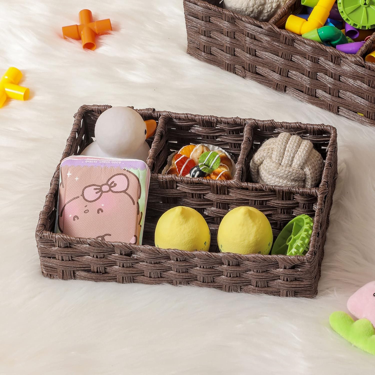 AMTOTAM Multi-Use Hand Woven Plastic Wicker Basket for Bathroom Storage Rustic Farmhouse Design Includes Divider