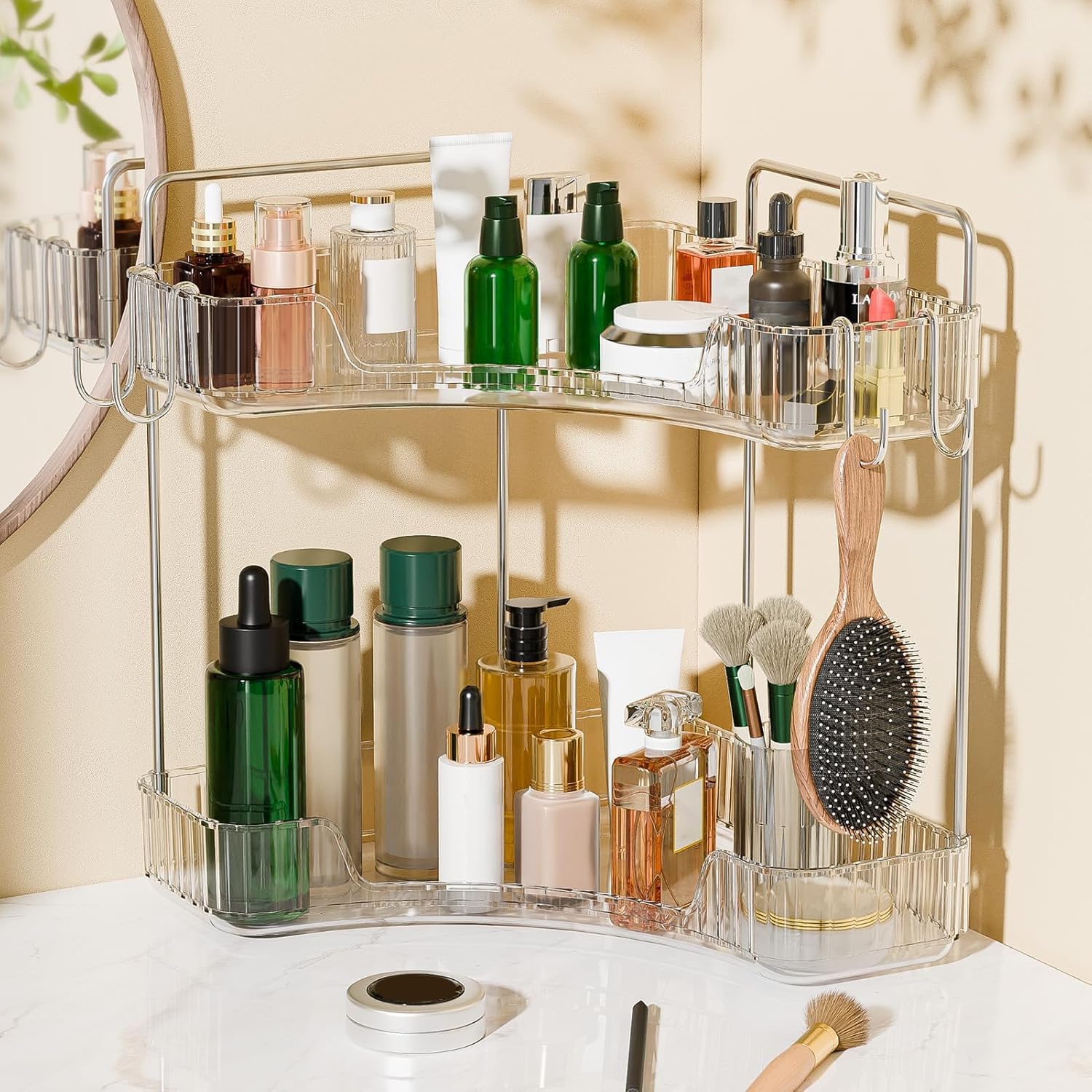2 Tier Corner Bathroom Organizer with Hooks and Trays 1