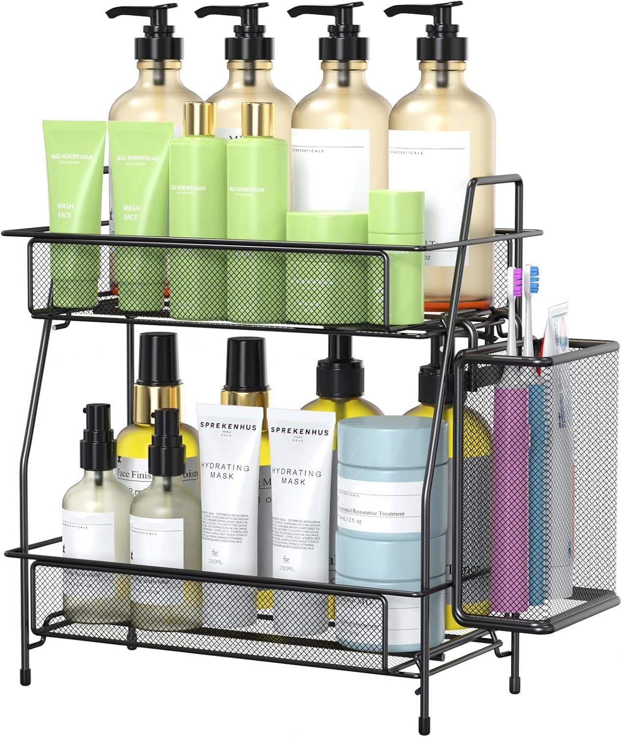 Bathroom Organizer with Basket - 2-Tier Counter Storage