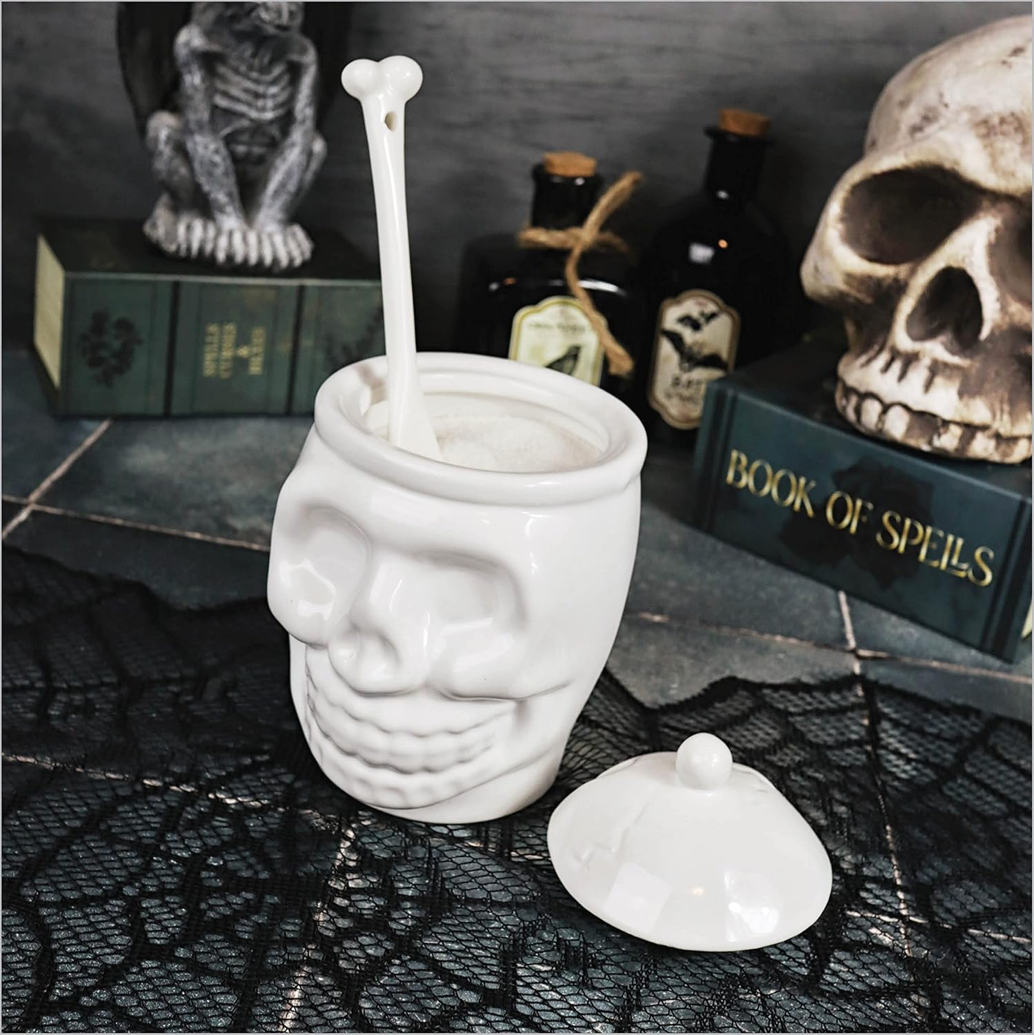Skeleton Signed 12 Oz Sugar Bowl With Bone Spoon