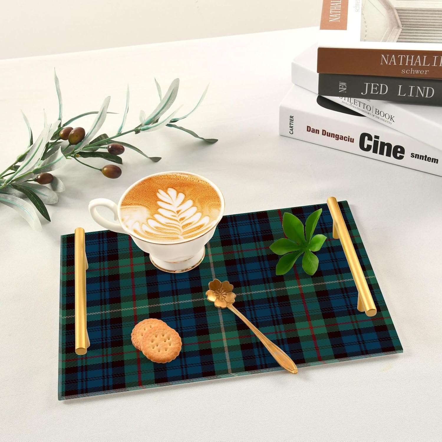 Pigsaly Blue Black Green Plaid Bathroom Sink Vanity Organizer Tray with Gold Handles Red Gold Tartan