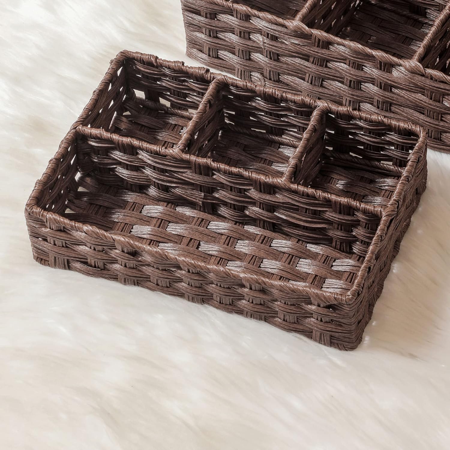 AMTOTAM Multi-Use Hand Woven Plastic Wicker Basket for Bathroom Storage Rustic Farmhouse Design Includes Divider