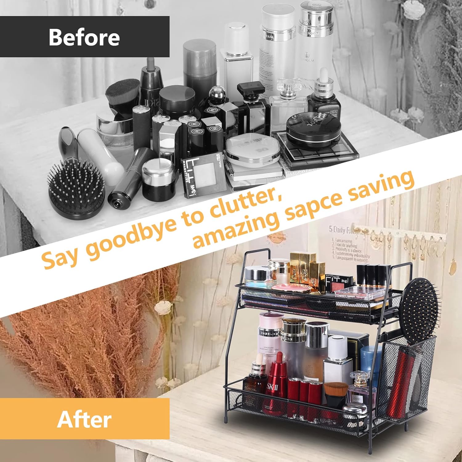 Bathroom Organizer with Basket - 2-Tier Counter Storage