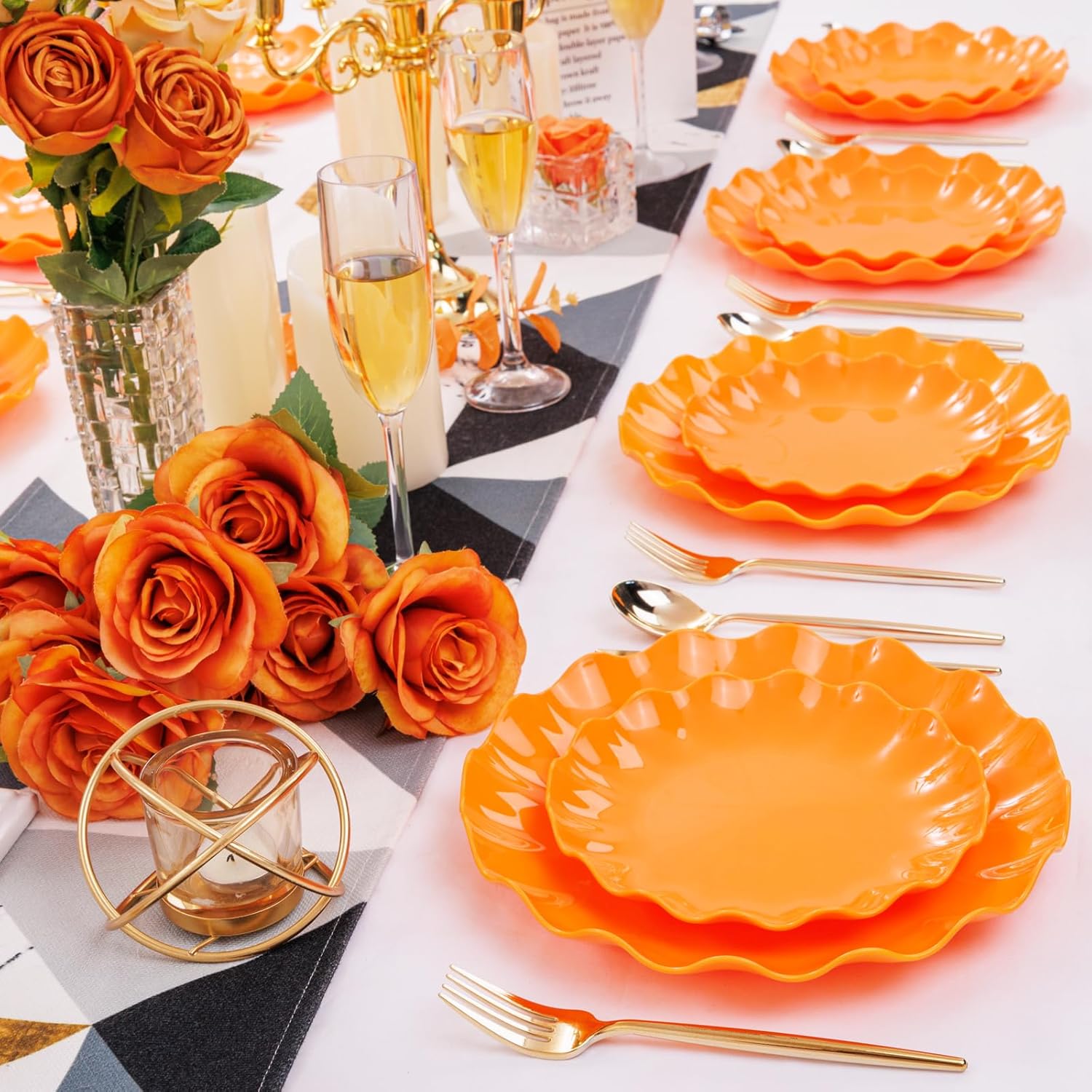 LIYH 24pcs Orange Platters - Scalloped Sturdy Reusable Plates for Parties