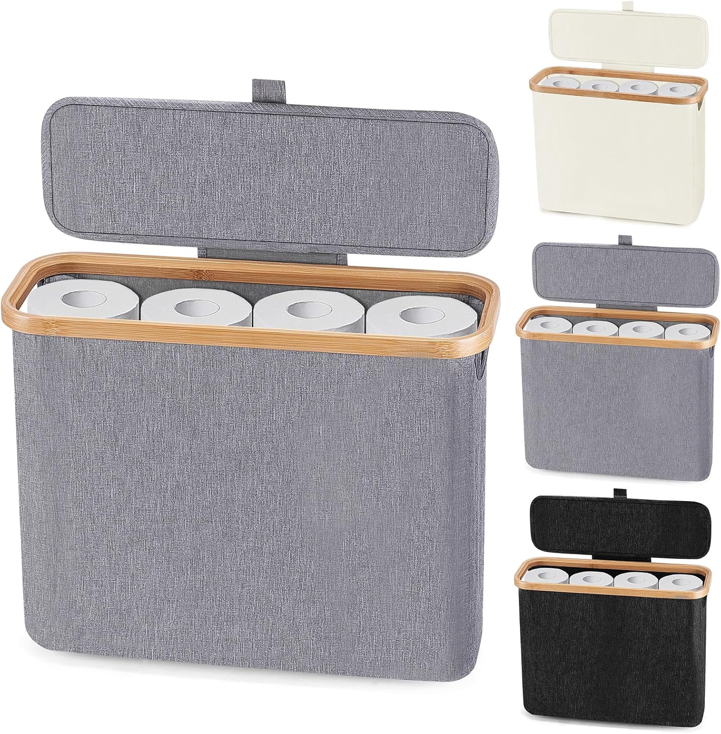 Oneearf Ultimate Bathroom Holder - Large Capacity Bamboo Oxford Storage Basket for 12 Roll Toilet Paper