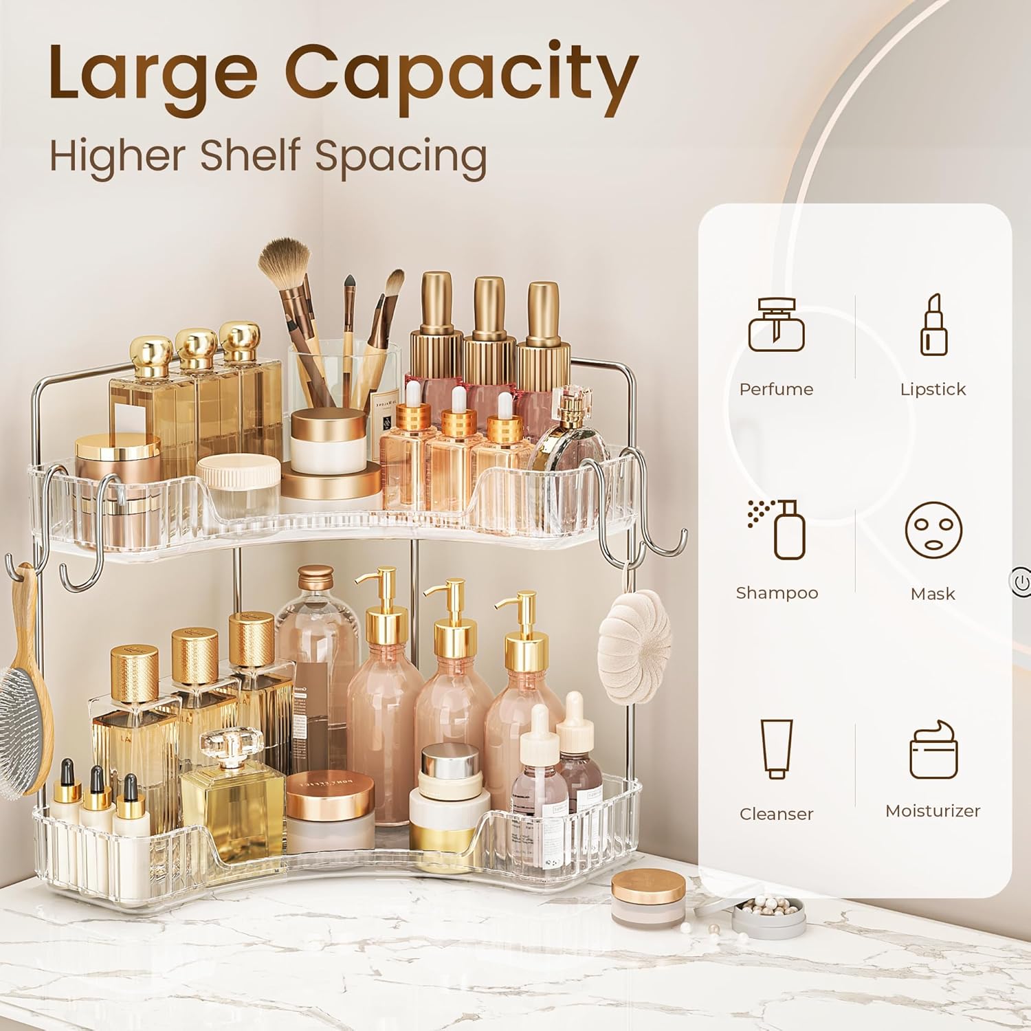 2 Tier Corner Bathroom Organizer with Hooks and Trays 1