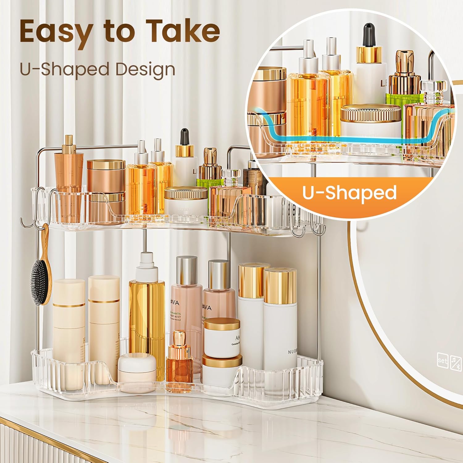 2 Tier Corner Bathroom Organizer with Hooks and Trays 1