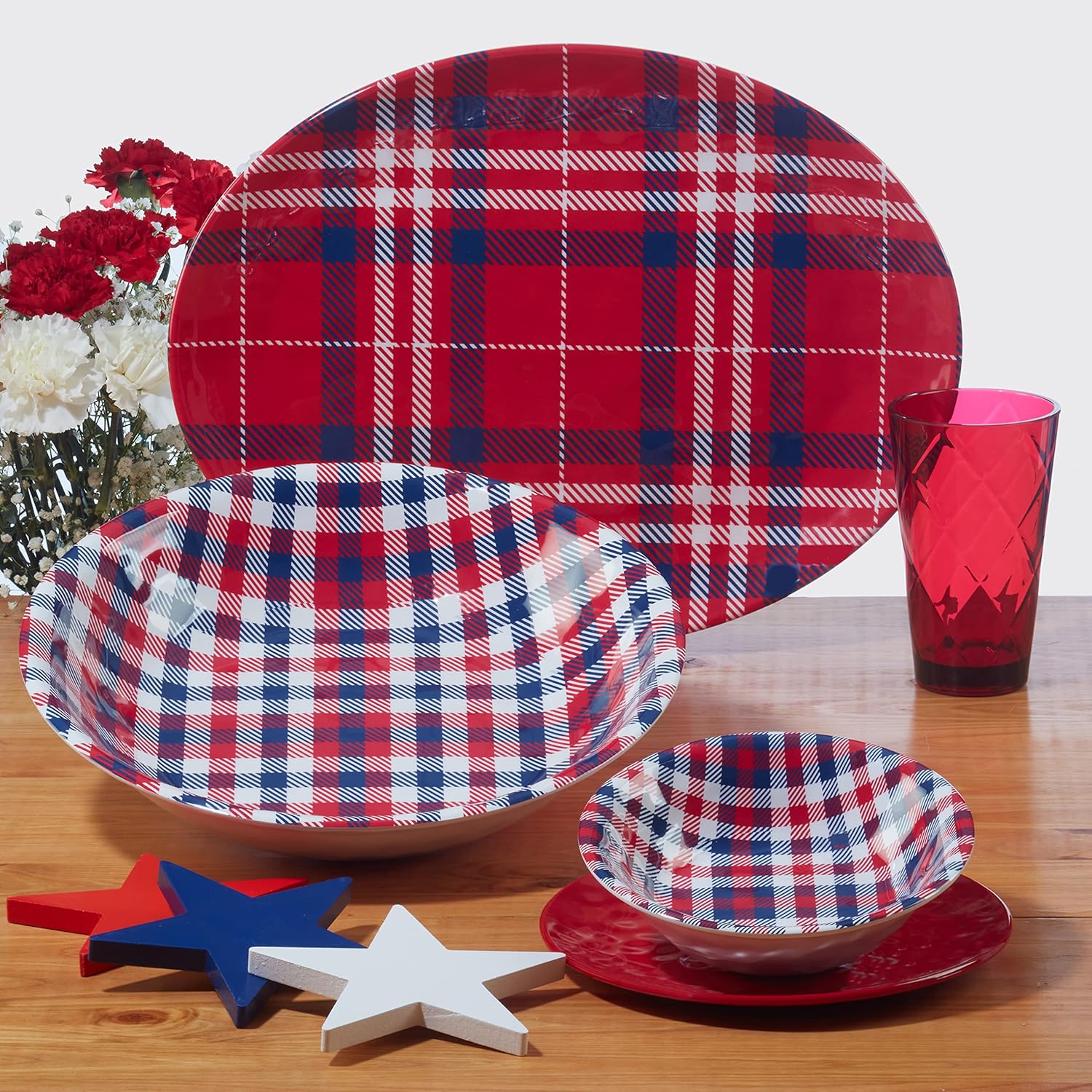 Patriotic Plaid Melamine Dinner Plates Set of 6