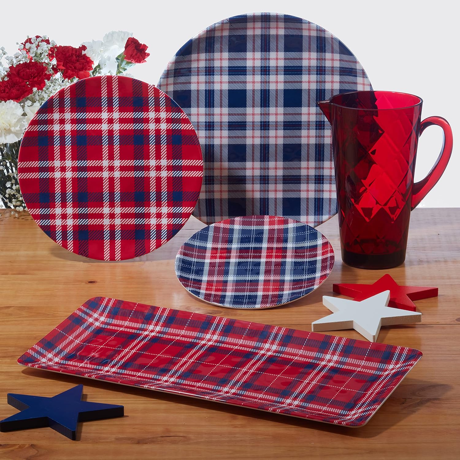 Patriotic Plaid Melamine Dinner Plates Set of 6