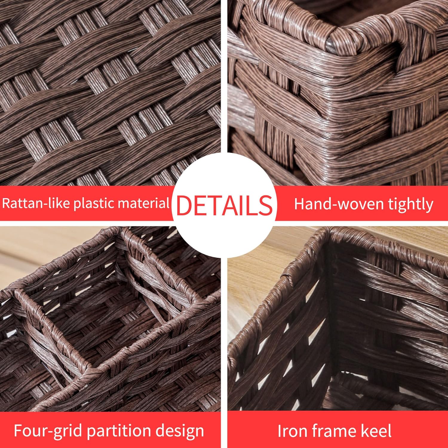AMTOTAM Multi-Use Hand Woven Plastic Wicker Basket for Bathroom Storage Rustic Farmhouse Design Includes Divider