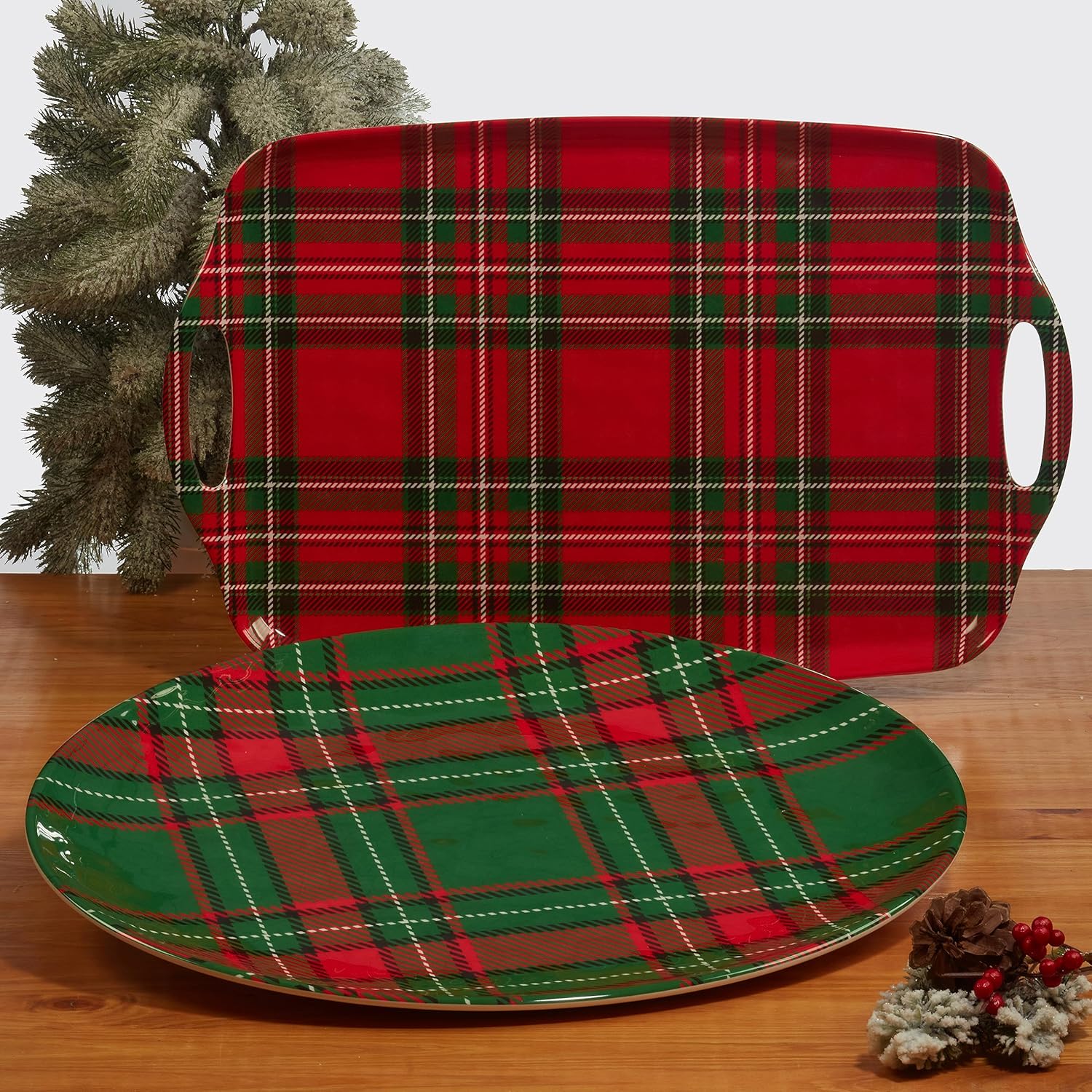 Certified International 11-Inch Christmas Plaid Melamine Dinner Plates Large Set of 6