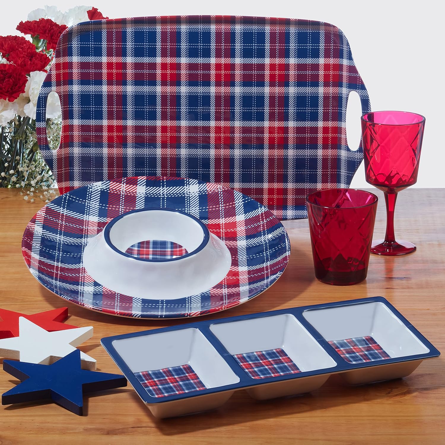Patriotic Plaid Melamine Dinner Plates Set of 6