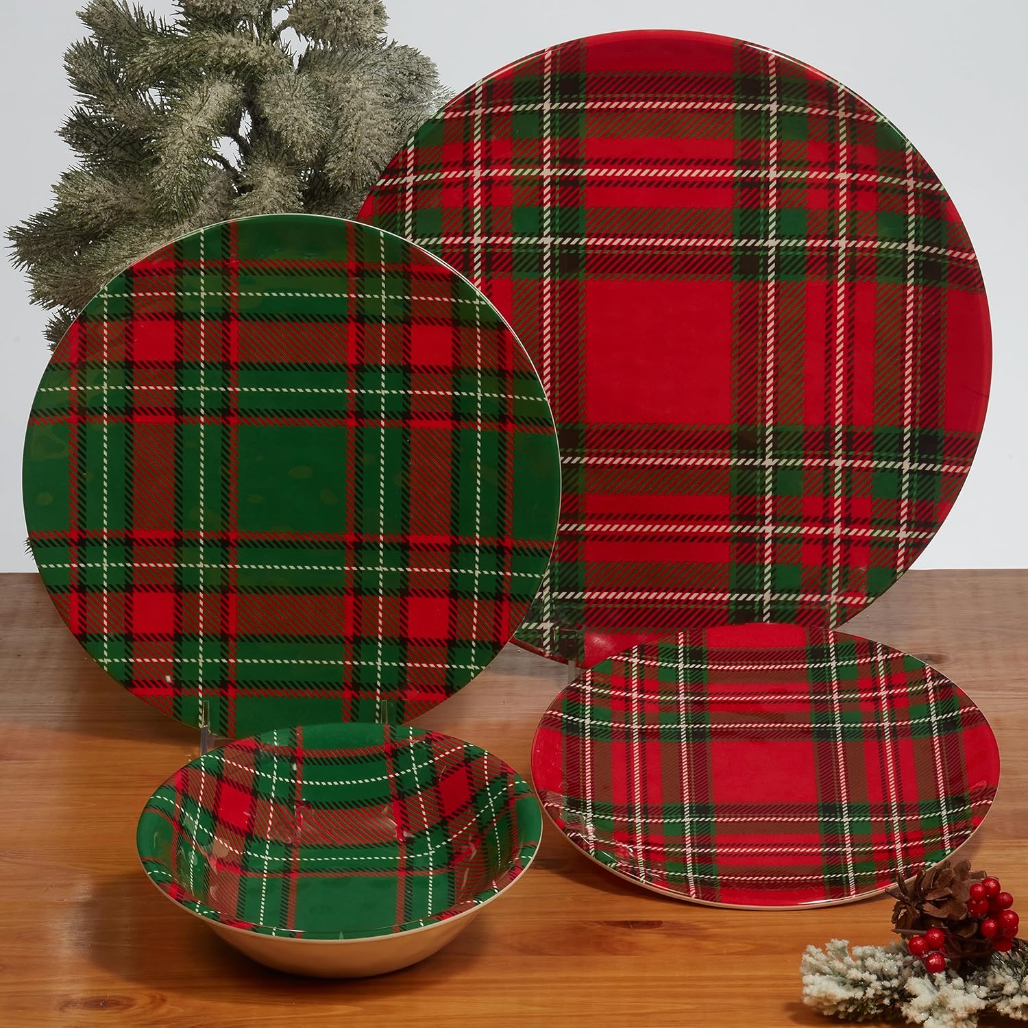 Certified International 11-Inch Christmas Plaid Melamine Dinner Plates Large Set of 6