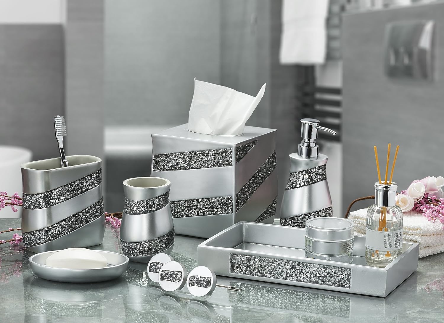 Creative Scents Silver Mosaic Electric Toothbrush and Toothpaste Holder